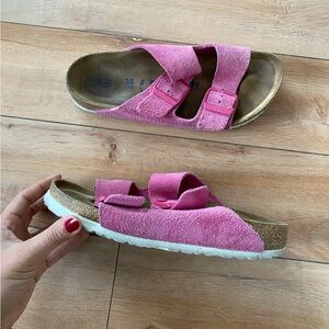 Pink suede Arizona Birkenstock sandals
